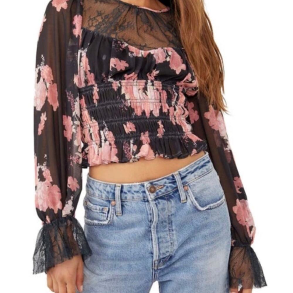 Free People Black Daphne Floral Blouse Medium